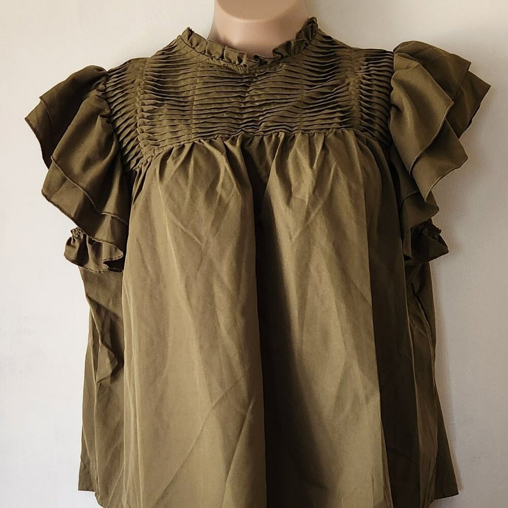 Shein Curve blouse sz 2X olive green babydoll style pleats ruffle EUC